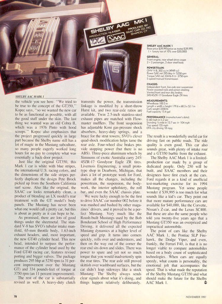 Automobile Magazine November 1991 — SAAC MK I full spec page